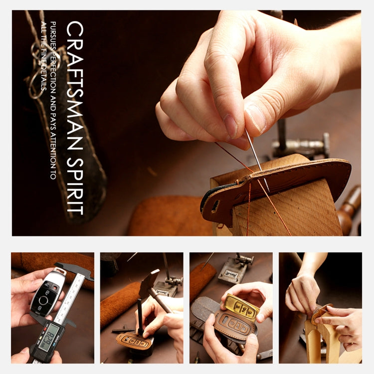 Multiple steps of creating a leather key fob cover, hands holding and attaching components.