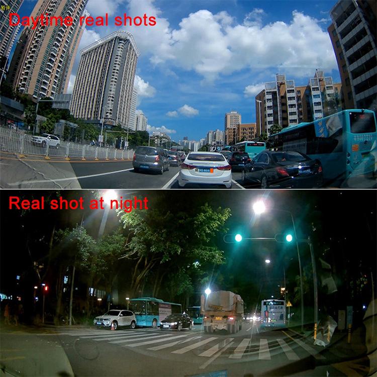 Dual-lens HD driving recorder night traffic view with cars at an urban intersection