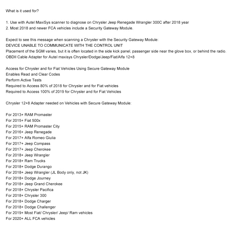 Printed adapter instructions sheet with usage steps and vehicle compatibility list