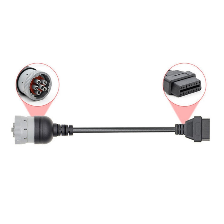 6-pin to OBD2 adapter cable showing connector ends, including female OBD2 port detail