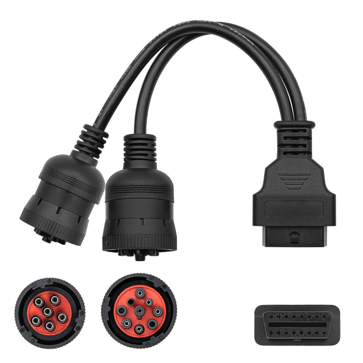 Car diagnostic adapter cable set: two circular 6/9-pin ends and OBD2 16-pin connector