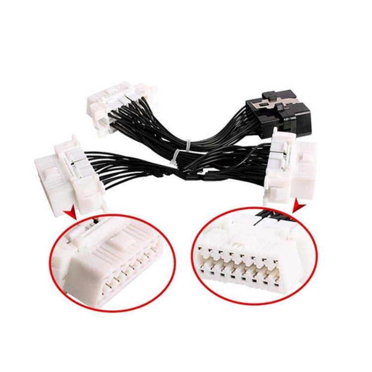 OBD2 diagnostic cable with 16-pin plug and three white multi-pin connector blocks