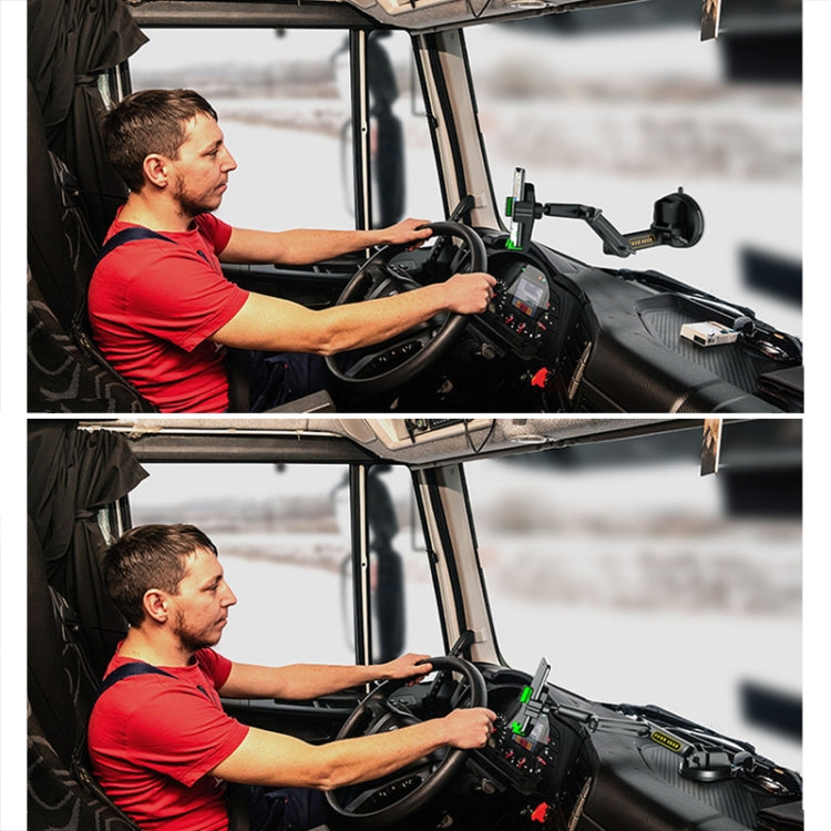 Driver using mounted truck phone holder on dashboard with suction base