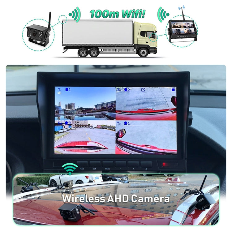 7-inch car wireless rear-view monitor showing four-way split images with camera