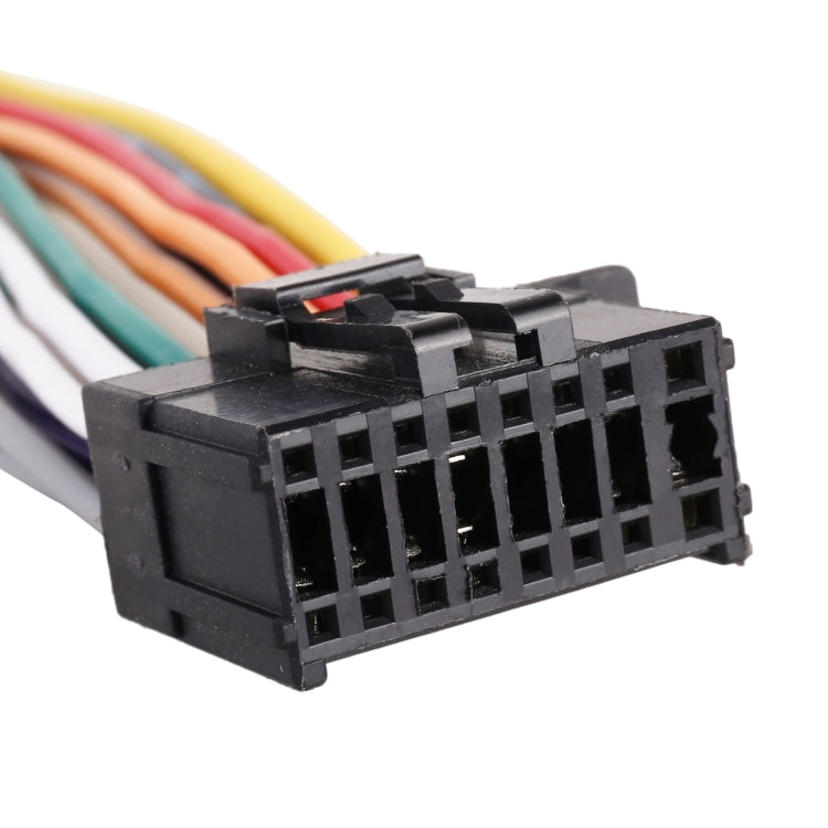 Car radio antenna adapter cable close-up of black multi-pin connector with multicolor leads