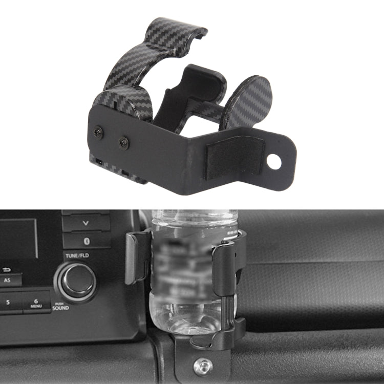 Installed car cup holder with carbon fiber trim on dashboard area