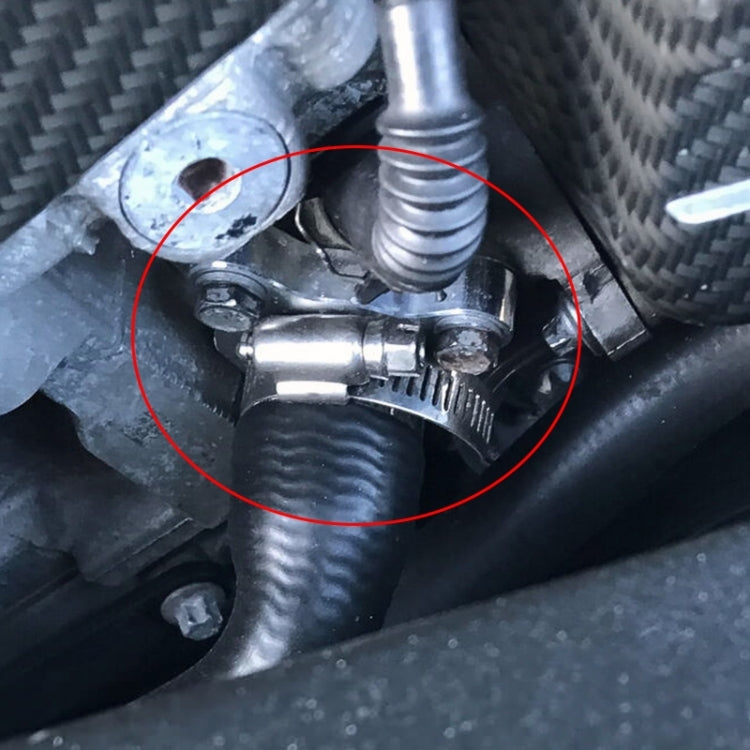 Engine bay water hose joint adaptor with metal clamp band on rubber hose