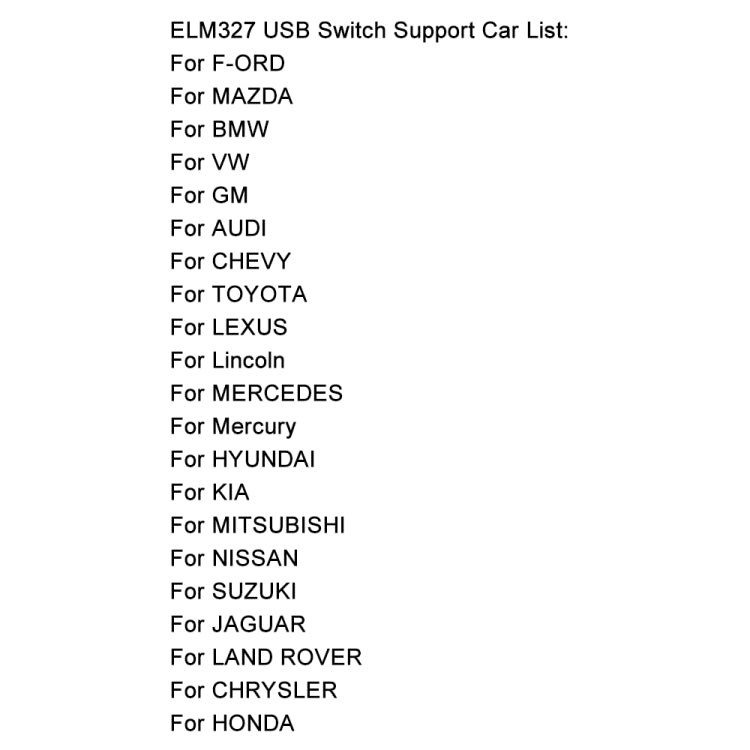 ELM327 USB switch compatibility list for supported car brands