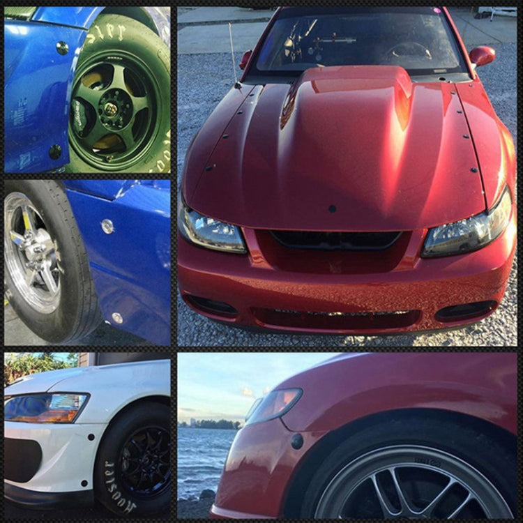 Colorful hood pin lock clips installed on car hoods, red and blue shown