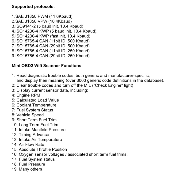 OBD-II WiFi scanner feature list and supported protocols text on paper