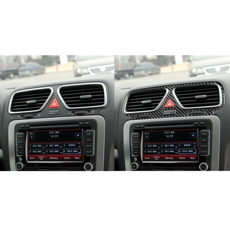 Car dashboard vent trim, carbon fiber-look two-piece set in before-and-after view