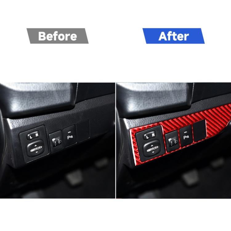 Red carbon fiber dashboard switch trim around headlight controls, left-drive