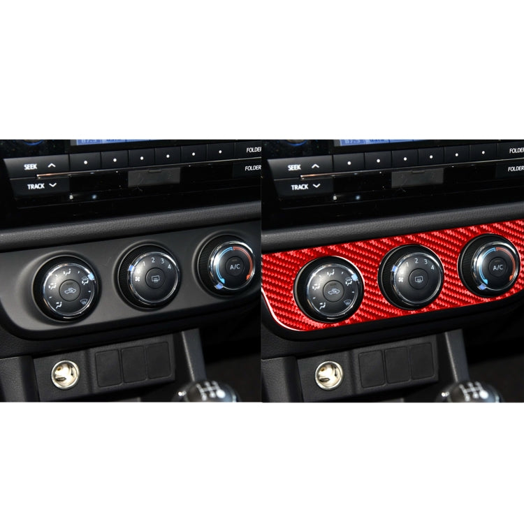 Red carbon fiber air conditioner switch panel trim with three control openings installed