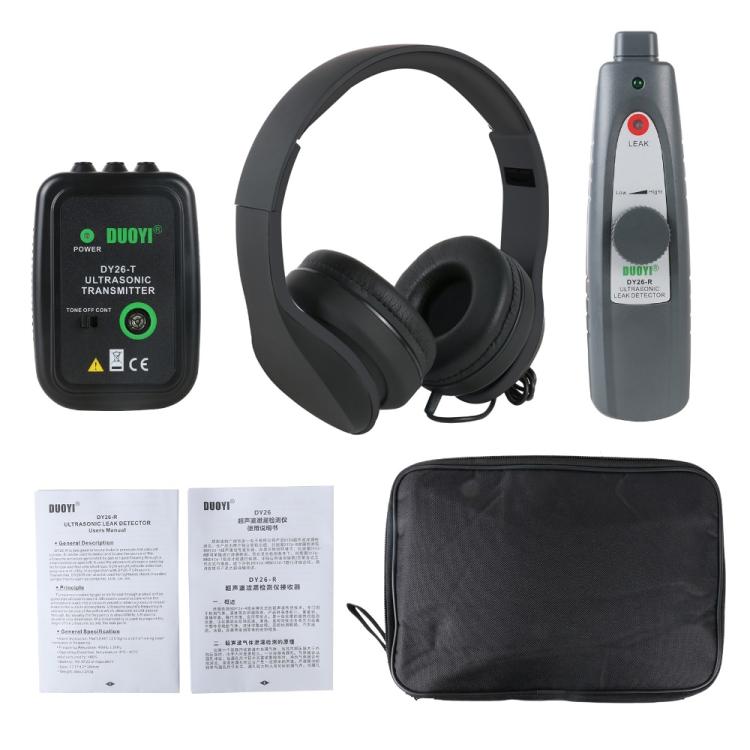 Ultrasonic leak detector kit with headphones, transmitter, handheld tester, and storage pouch