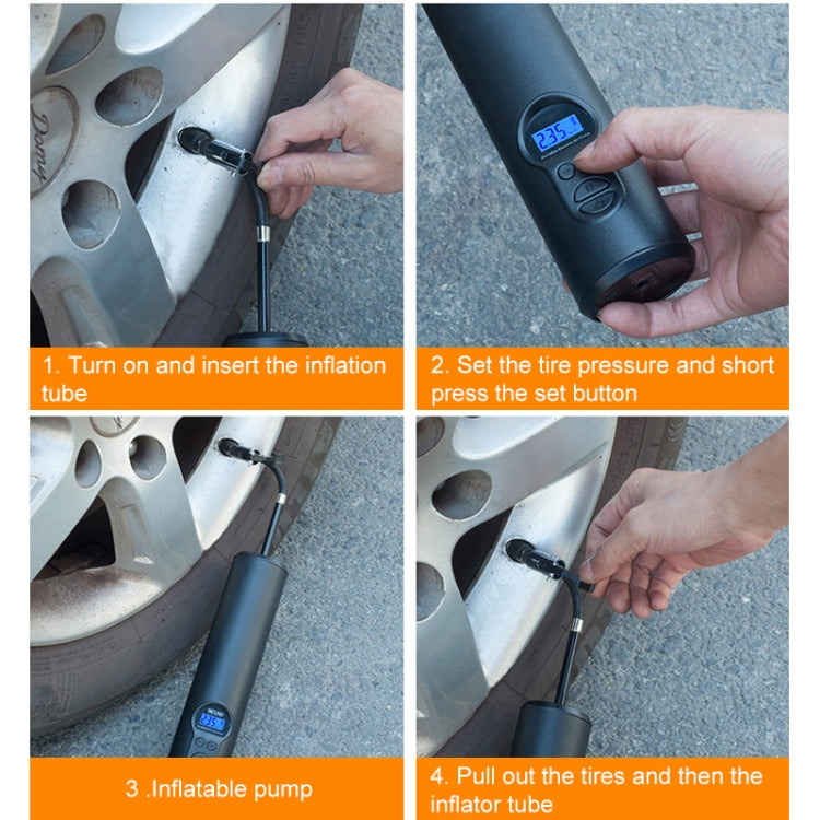 Hand holding rechargeable air pump with LCD display and nozzle attached to a tire valve