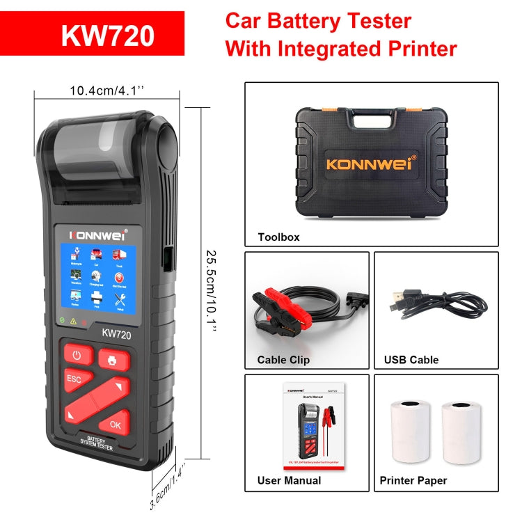 KW720 car battery tester kit with integrated printer, cables, manual, and printer paper rolls