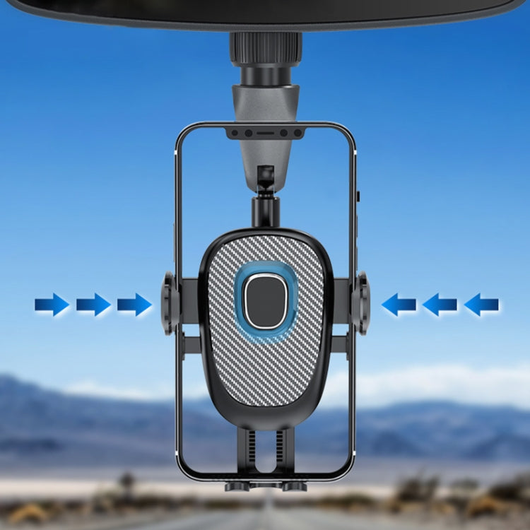 Front view of car phone holder with carbon-fiber style cradle and 360° rotation arrows, black