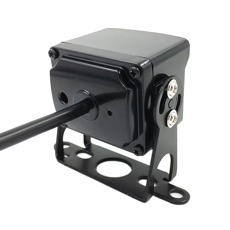 Black backup reverse camera with side connector ports and metal mounting bracket
