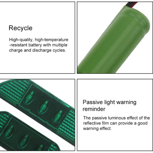 Green solar road stud light close-up with glowing LEDs and textured reflective lenses