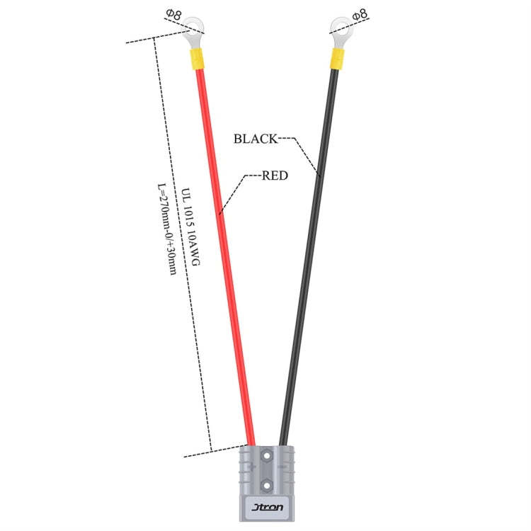 Battery quick disconnect plug with red and black wires, ring terminals, one-foot harness