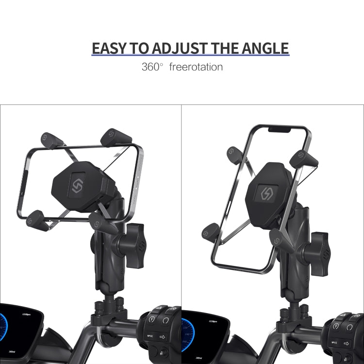 Motorcycle phone holder with adjustable 360° rotating cradle arms, black, two angles shown