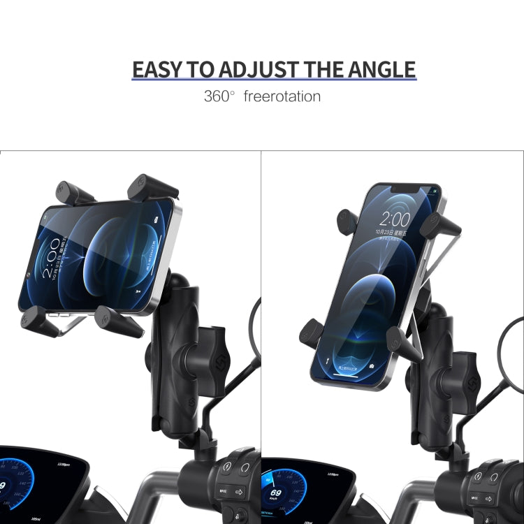 Adjustable motorcycle phone holder with 360° rotation for rear mirror viewing angle