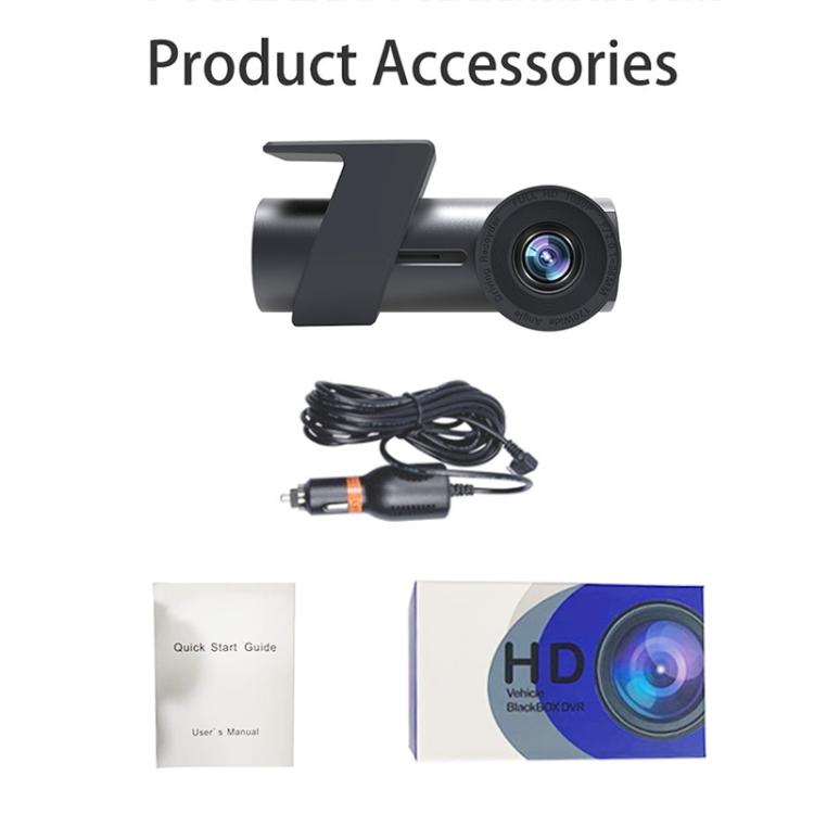 Hidden WiFi car dash camera kit with camera unit, power cable, and quick-start guide
