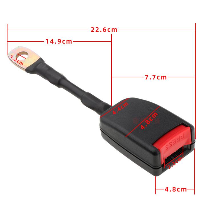 Seat belt extension buckle connector with measurements shown in inches and centimeters