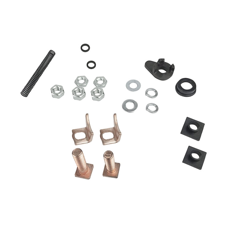 Engine startup repair kit hardware assortment: threaded bolt, clips, lugs, nuts, and washers