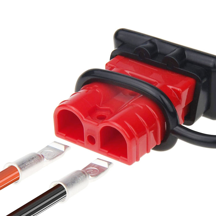 Towing winch quick-connect harness plug with red housing, dust cover, and crimp terminals