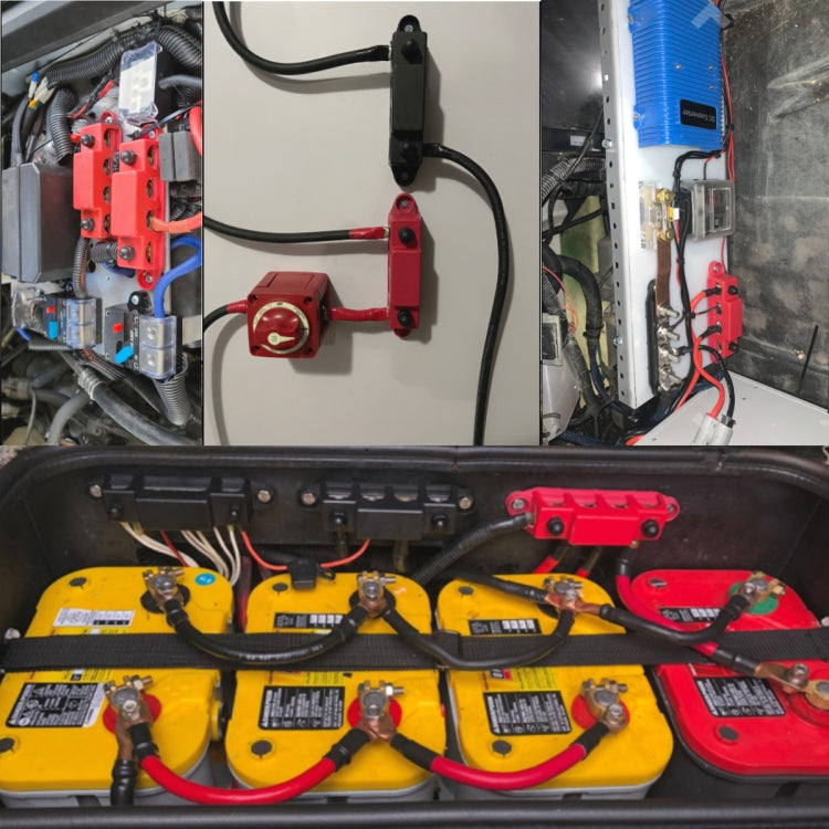 M6 battery bus bar terminal block mounted in a vehicle engine bay with cable connections