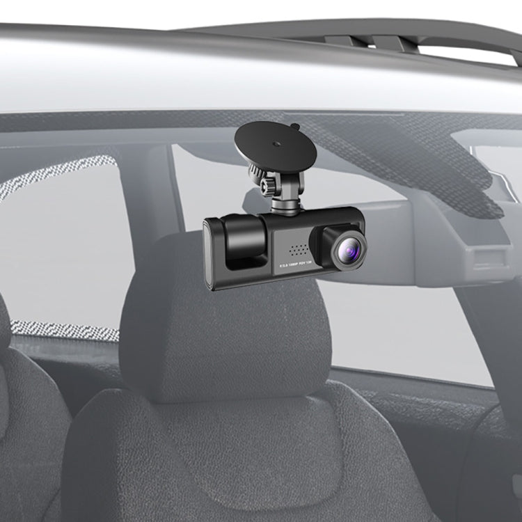 Mounted car dash cam on dashboard with front lens and small display screen