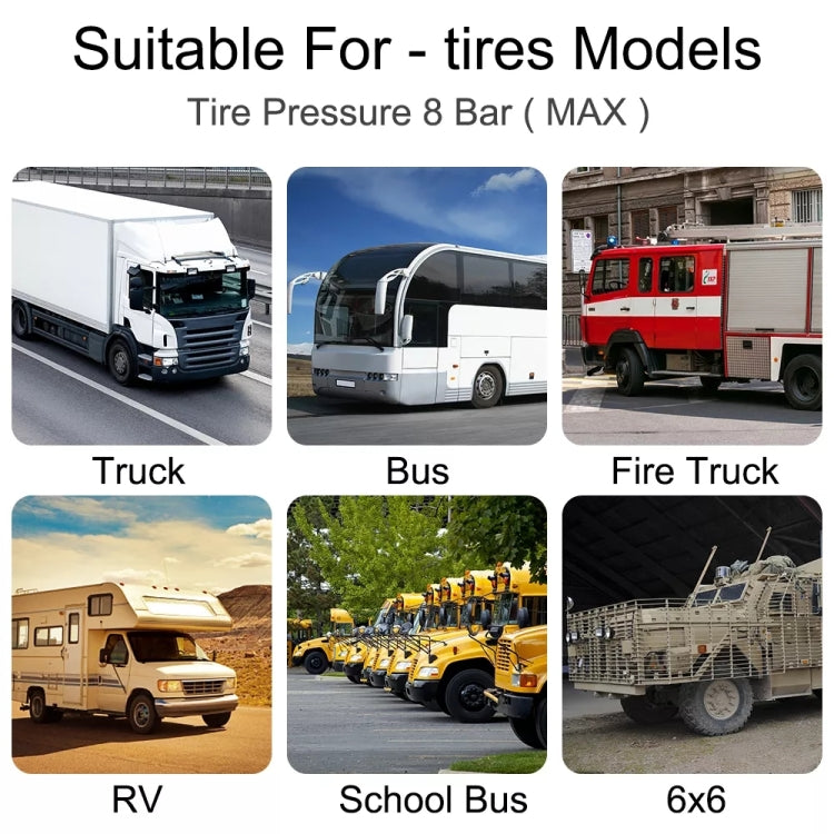 Solar TPMS suitability graphic with vehicle icons for 8 bar tire pressure