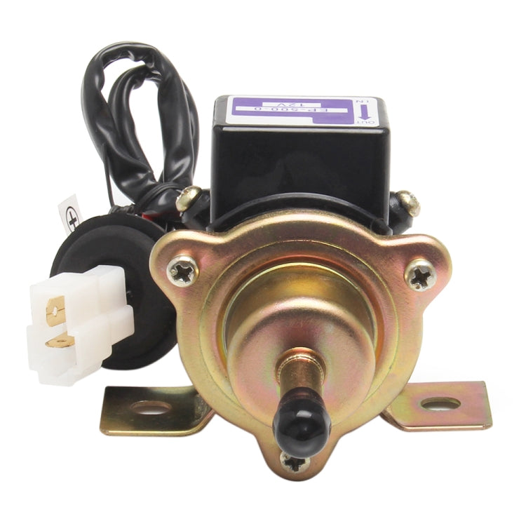 Electric fuel pump with white power connector, purple label, and mounting base