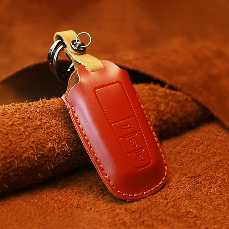Red leather key fob cover with key ring and stitched edge, for Toyota three-key set