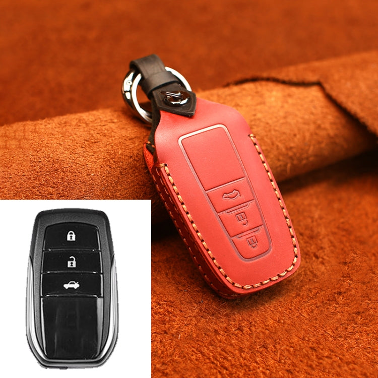 Red leather key protective cover with keyring and Toyota-style remote buttons