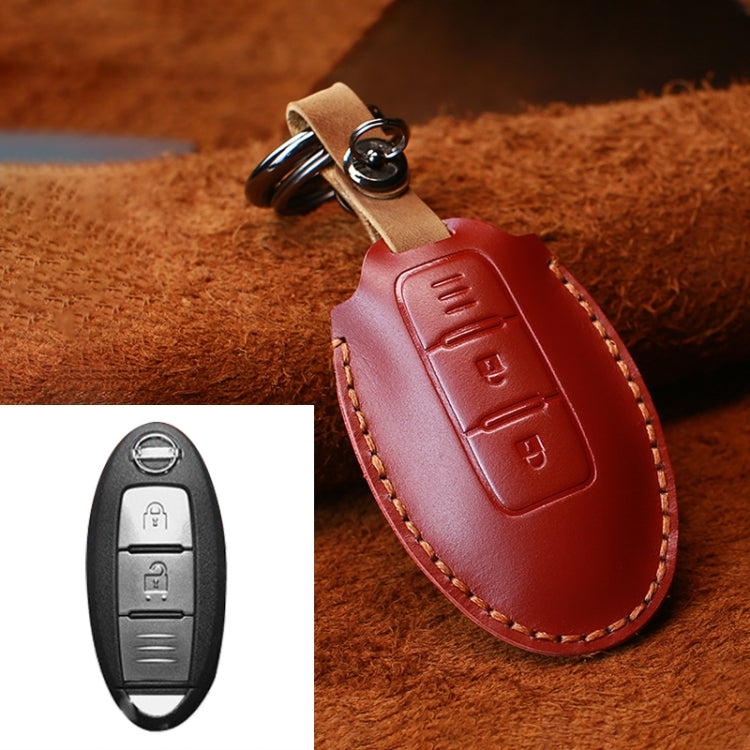 Red cowhide leather Nissan key cover with key ring and embossed three-key horizontal line
