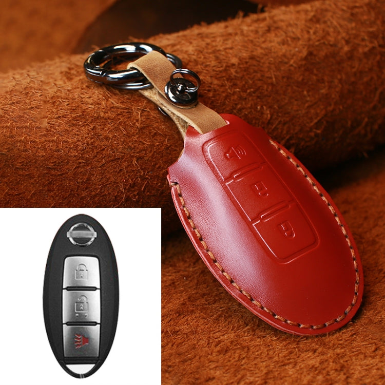Red cowhide leather key protective cover with embossed button layout and metal ring