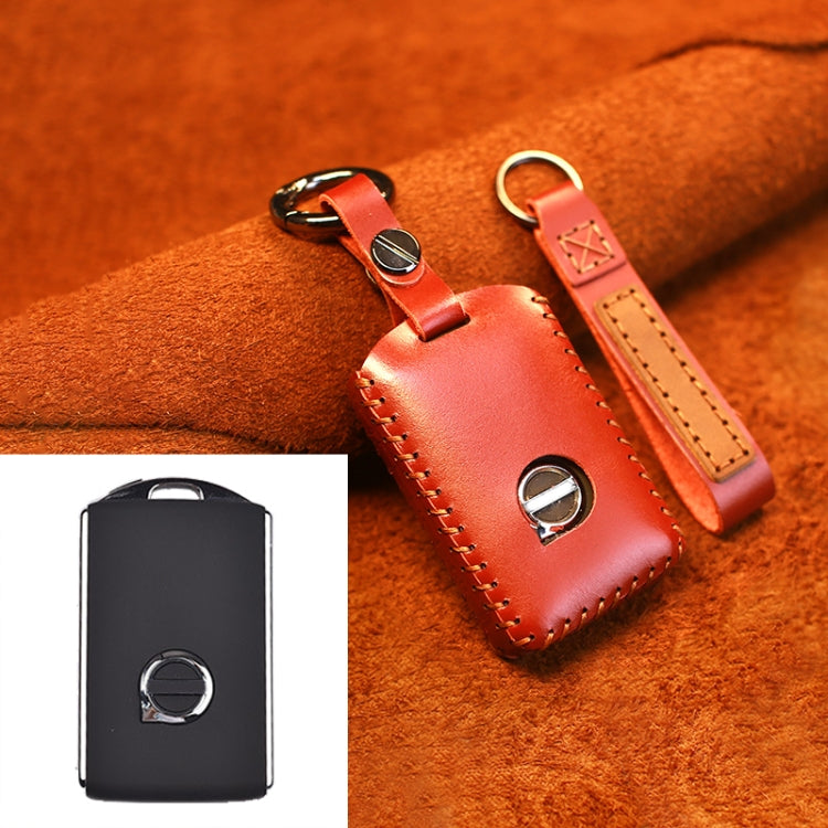 Red leather single-slit key protective case with metal ring and stitched edges