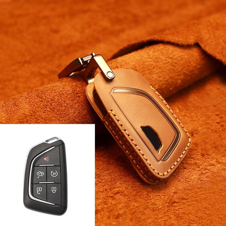 Beige cowhide leather key case with fob slot and stitched trim