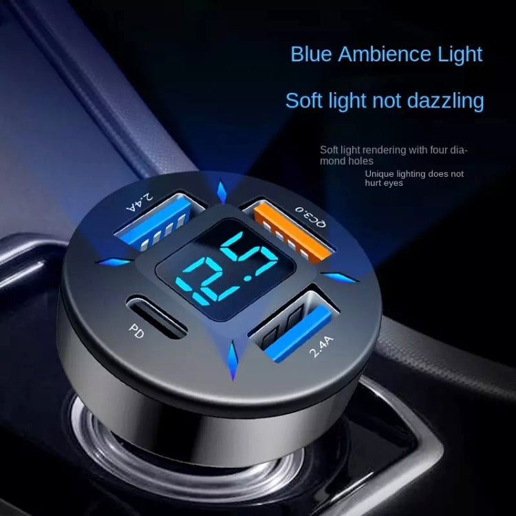 Black car fast charger with blue-lit ports and blue LED voltage display