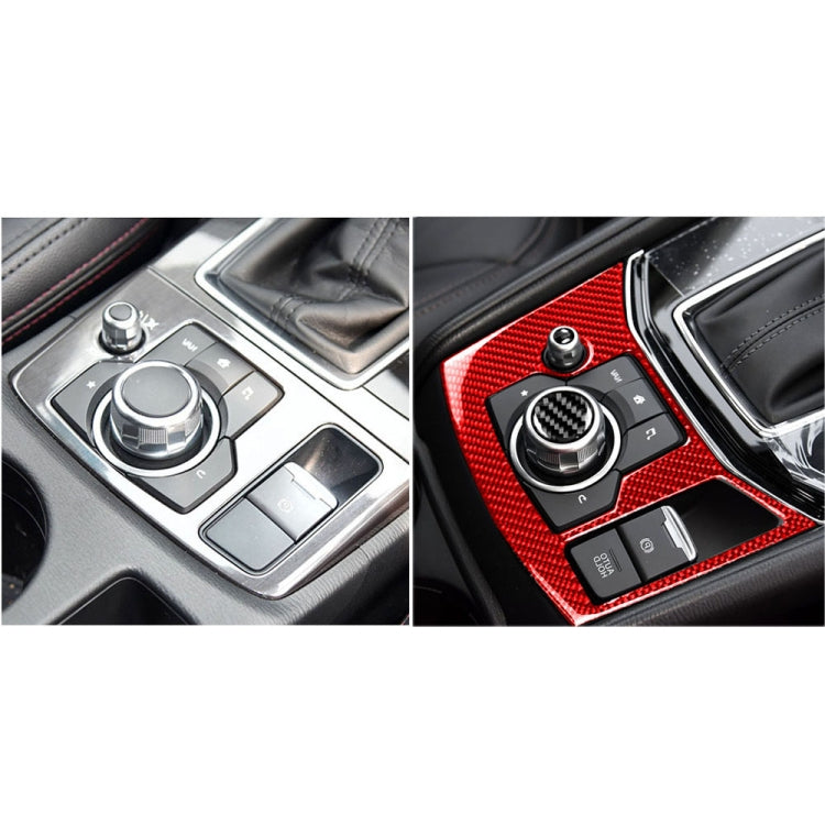 Before and after: red carbon fiber-look handbrake panel sticker on console controls