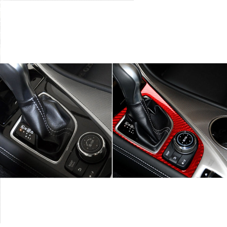 Red carbon fiber gear panel trim sticker installed on gear selector console, two angles
