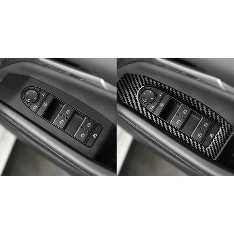 Before-and-after of carbon fiber window lift panel stickers on car door controls