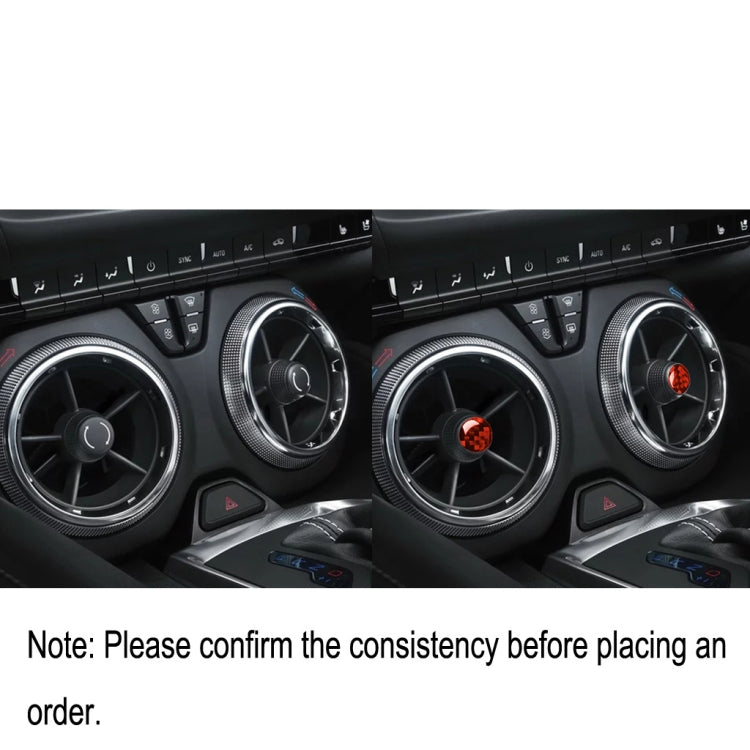 Before-and-after view of red carbon-fiber style stickers on two car air outlets