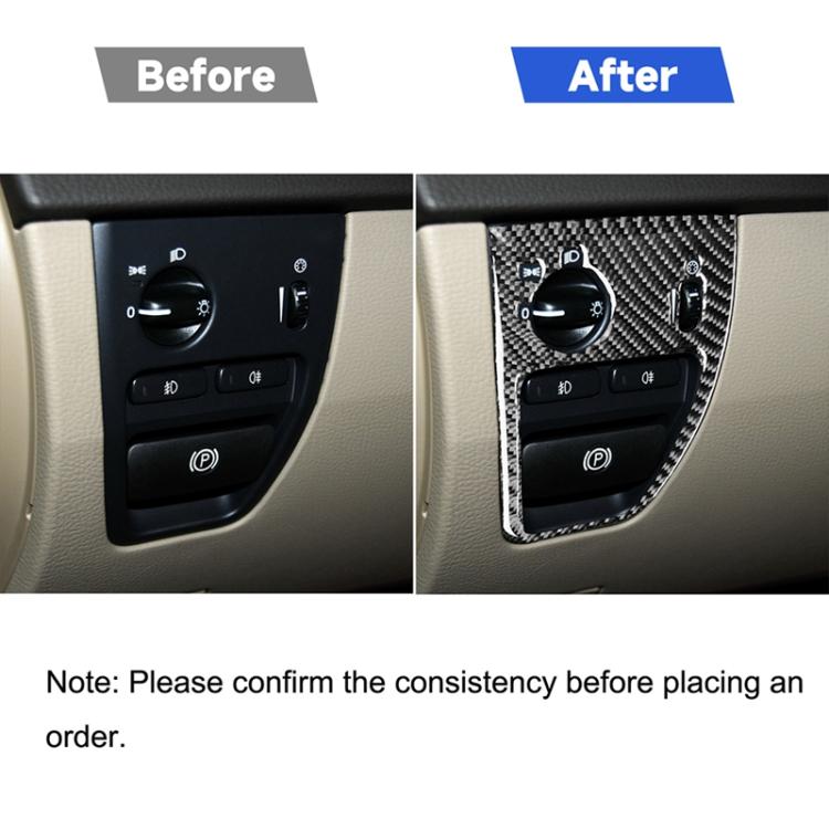 Before-and-after view of carbon fiber headlight control trim around dashboard switches
