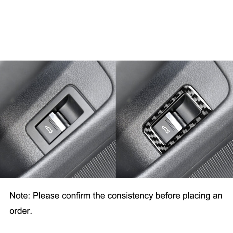 Trunk switch bezel sticker comparison on car interior panel with carbon fiber frame detail