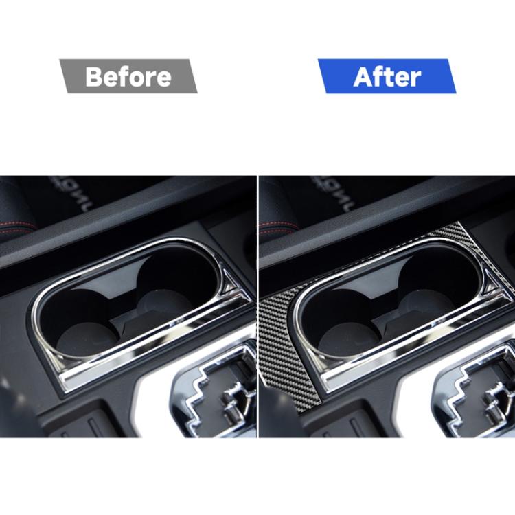 Cup holder frame trim installation, carbon fiber-look weave with before/after view