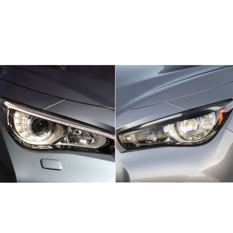 Headlight eyebrow sticker shown from two angles, carbon fiber black trim