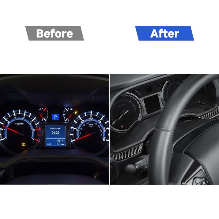 Dashboard instrument area with carbon fiber side trim stickers installed, before/after